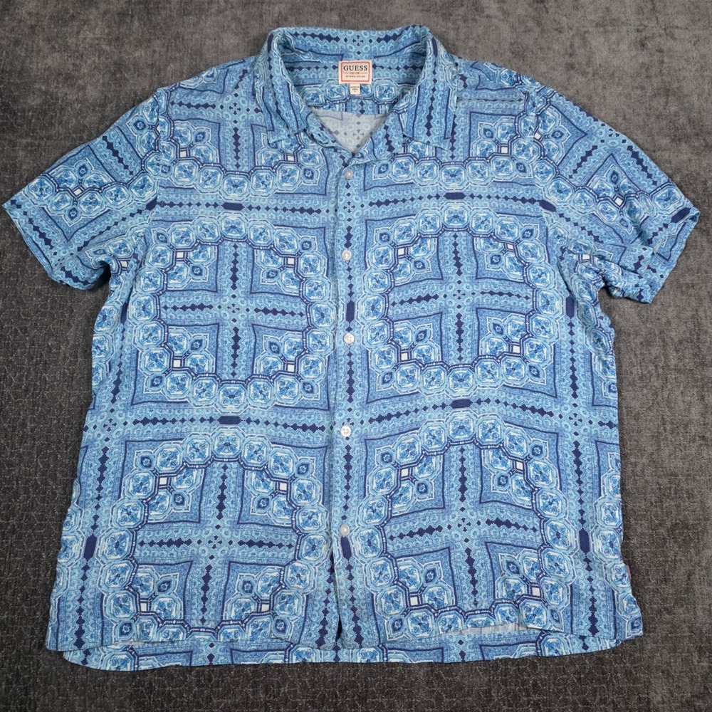 Guess Button Up Shirt Mens Large Blue Geometric Print Viscose Aloha Hawaiian L